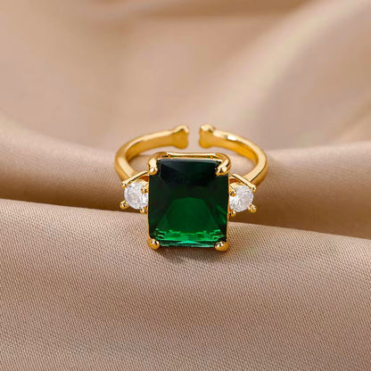 Bold Emerald-Cut Solitaire Stone Adjustable Gold Plated Ring