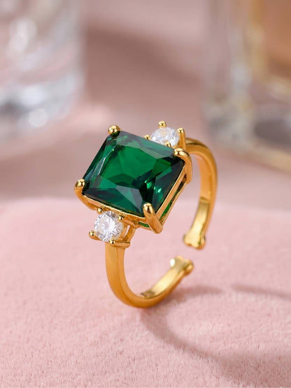 Bold Emerald-Cut Solitaire Stone Adjustable Gold Plated Ring