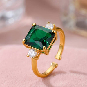 Bold Emerald-Cut Solitaire Stone Adjustable Gold Plated Ring