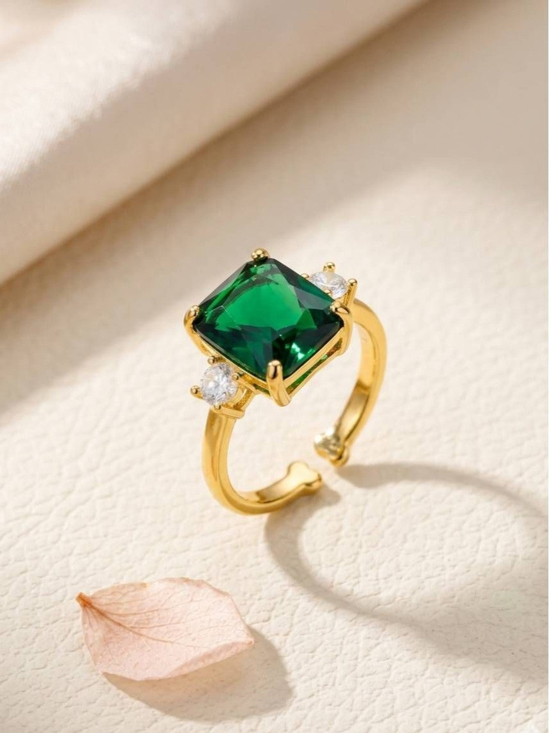 Bold Emerald-Cut Solitaire Stone Adjustable Gold Plated Ring