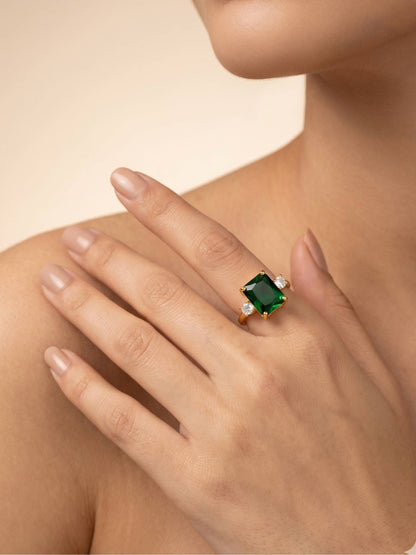 Bold Emerald-Cut Solitaire Stone Adjustable Gold Plated Ring