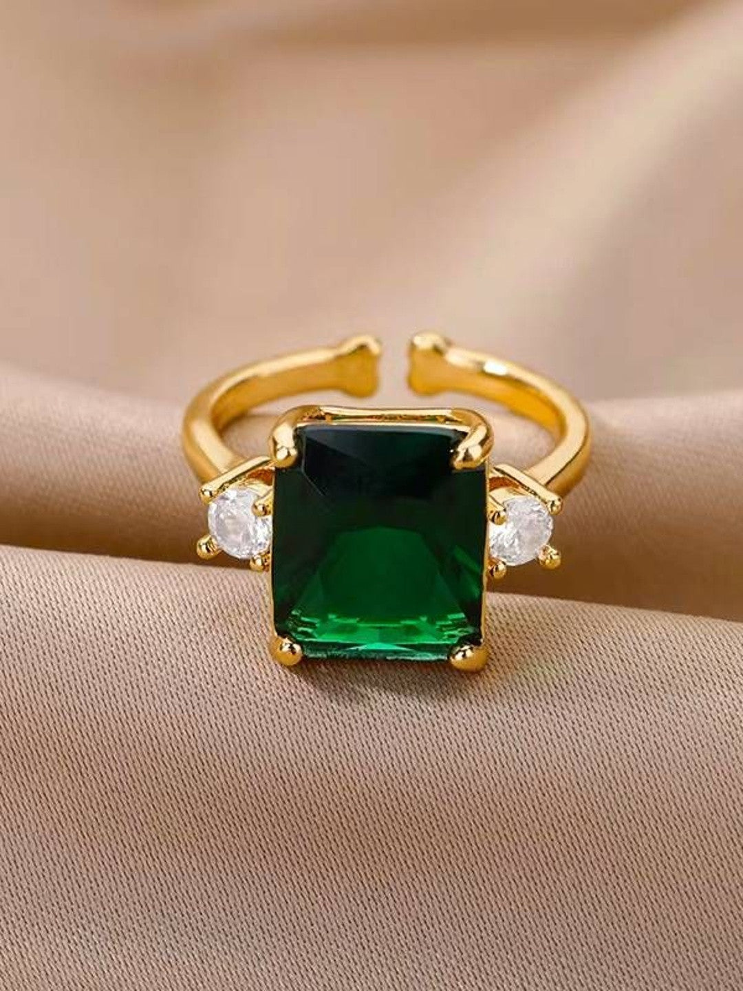 Bold Emerald-Cut Solitaire Stone Adjustable Gold Plated Ring