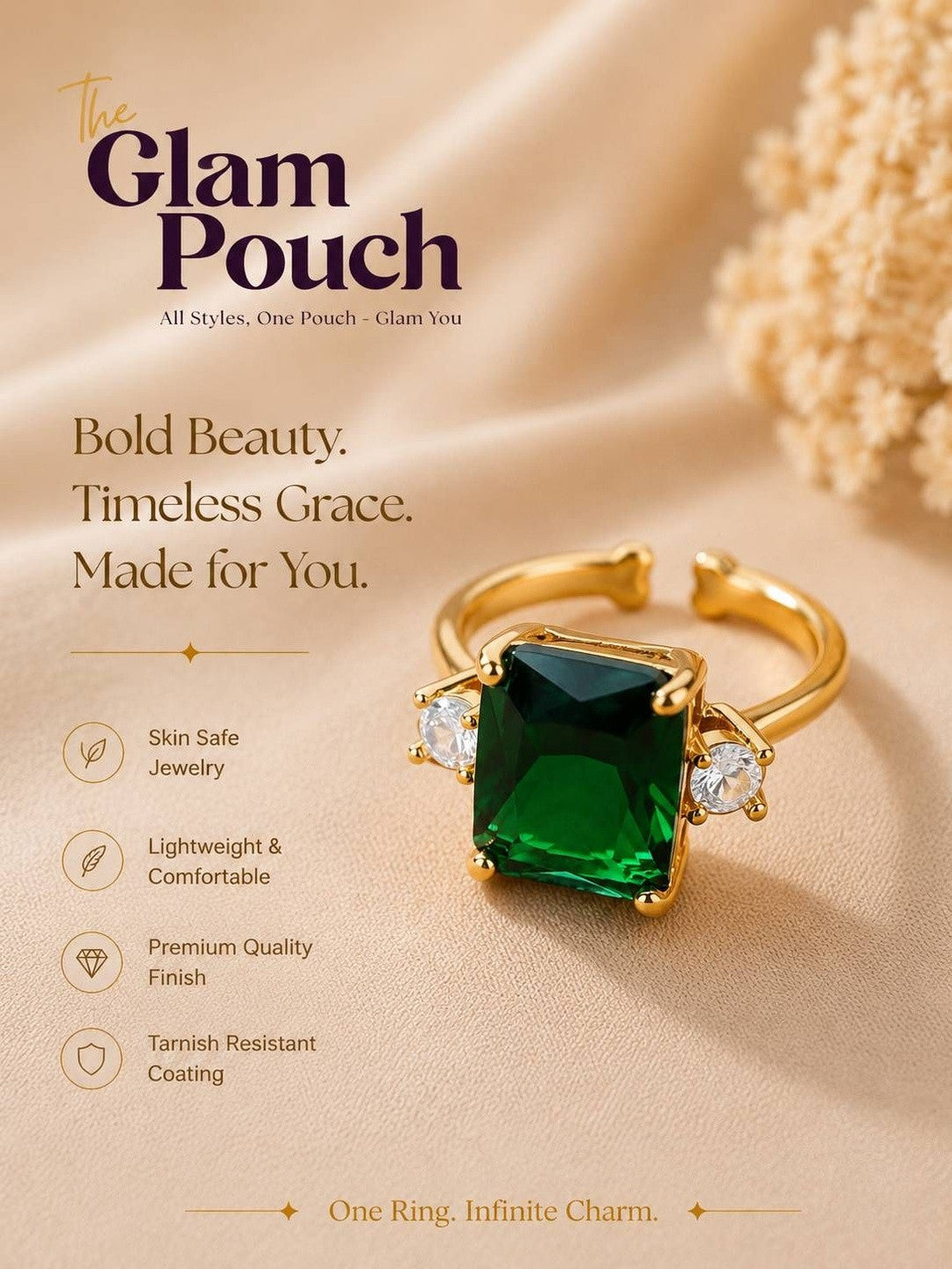 Bold Emerald-Cut Solitaire Stone Adjustable Gold Plated Ring