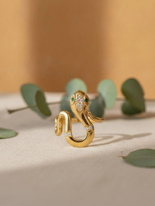 Sleek Serpentine Emerald Eyes Gold Plated Diamond Ring