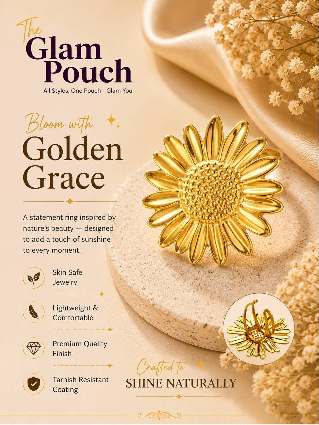 Grand Sculptural Sunflower Gold Statement Ring