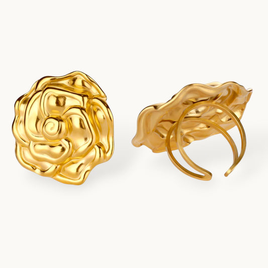 Sculptural Oversized Gold Rose Bloom Cocktail Statement Ring
