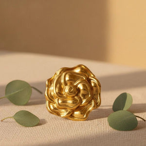 Sculptural Oversized Gold Rose Bloom Cocktail Statement Ring