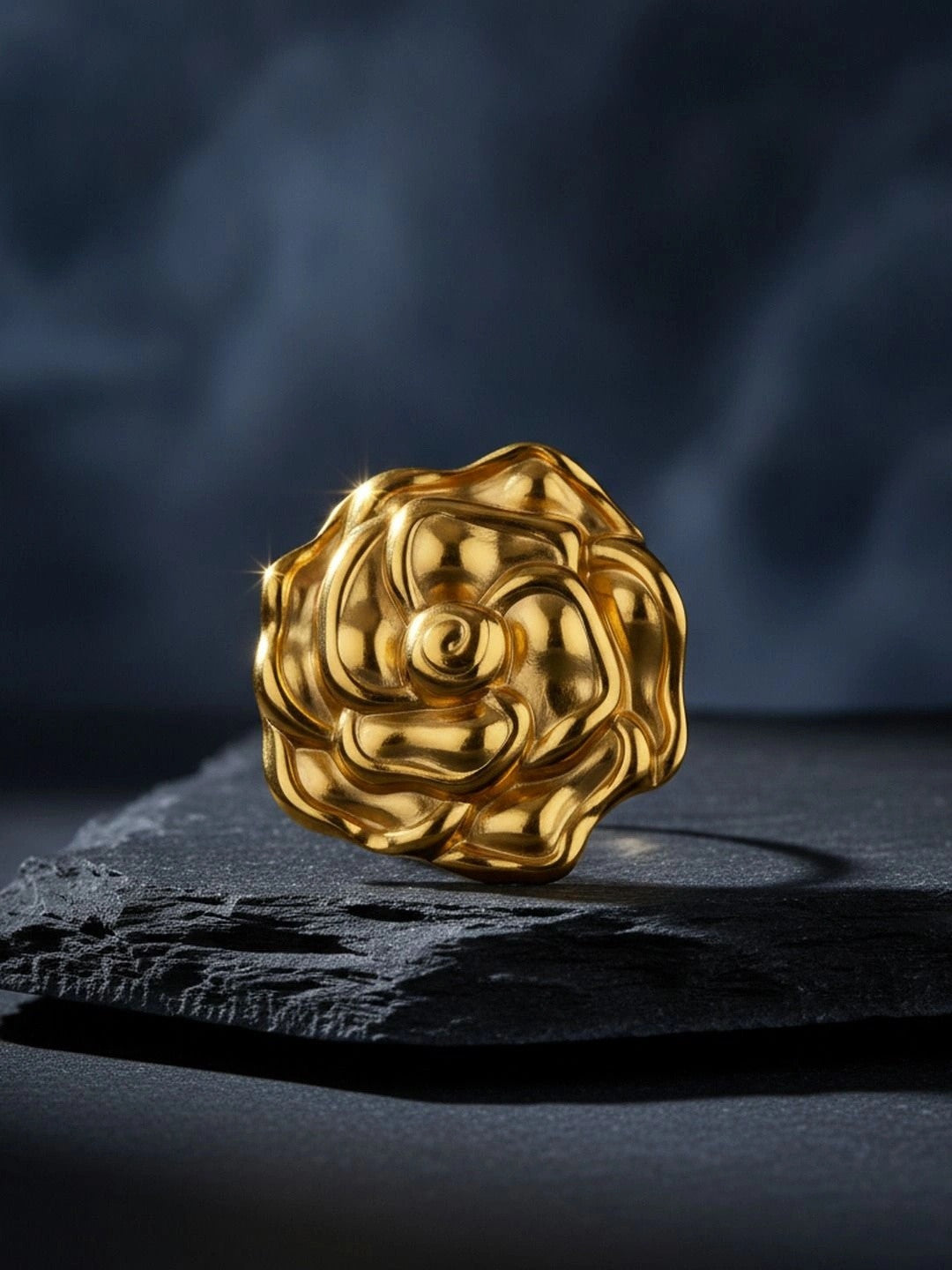 Sculptural Oversized Gold Rose Bloom Cocktail Statement Ring