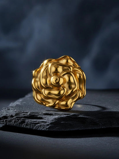 Sculptural Oversized Gold Rose Bloom Cocktail Statement Ring
