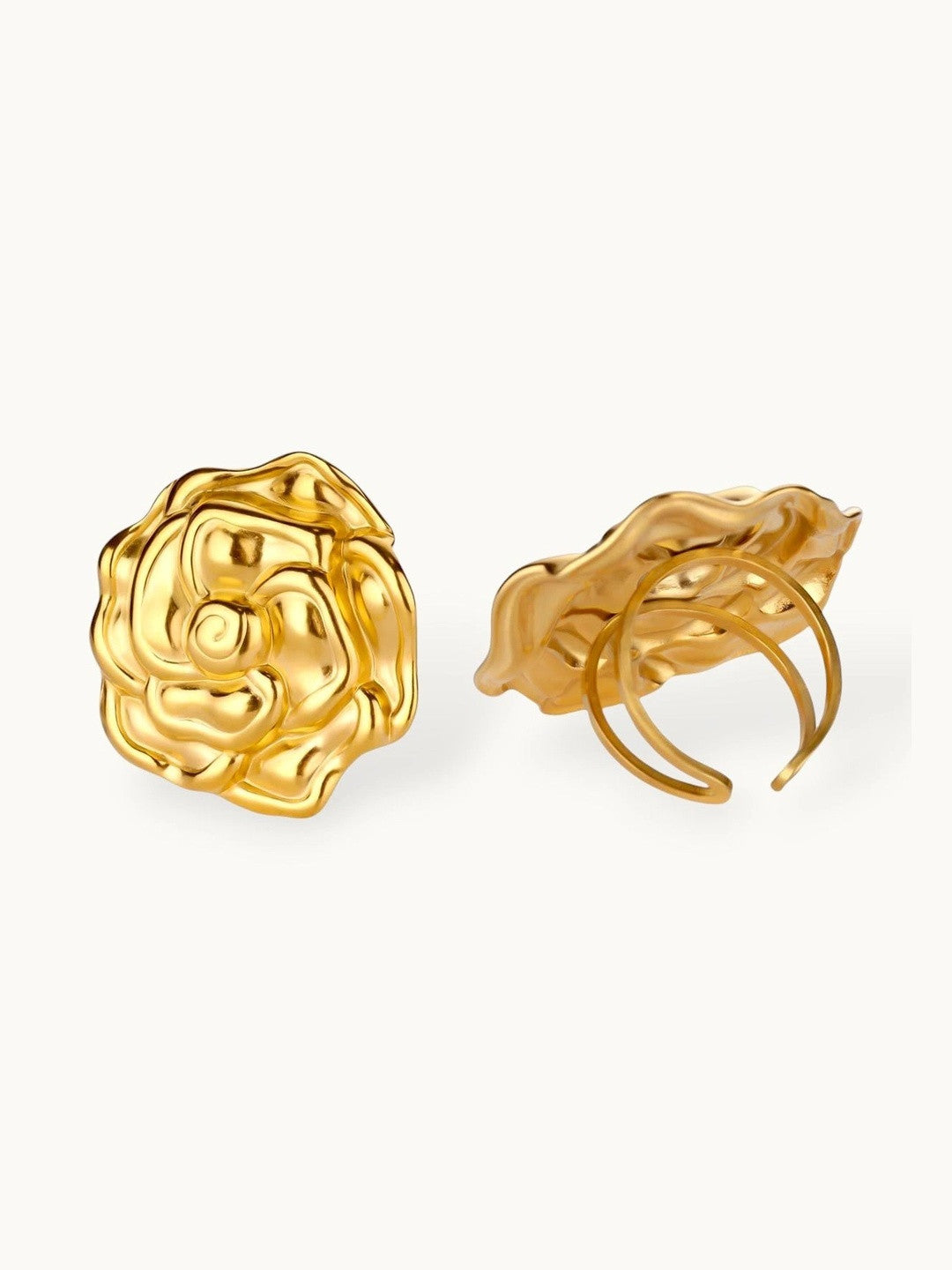 Sculptural Oversized Gold Rose Bloom Cocktail Statement Ring