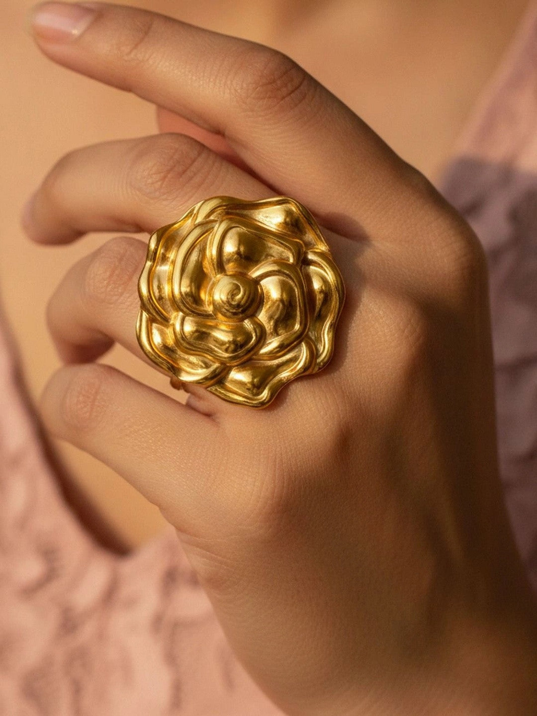 Sculptural Oversized Gold Rose Bloom Cocktail Statement Ring