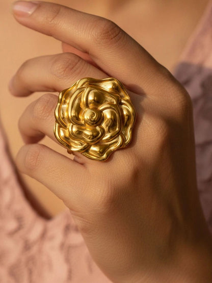 Sculptural Oversized Gold Rose Bloom Cocktail Statement Ring