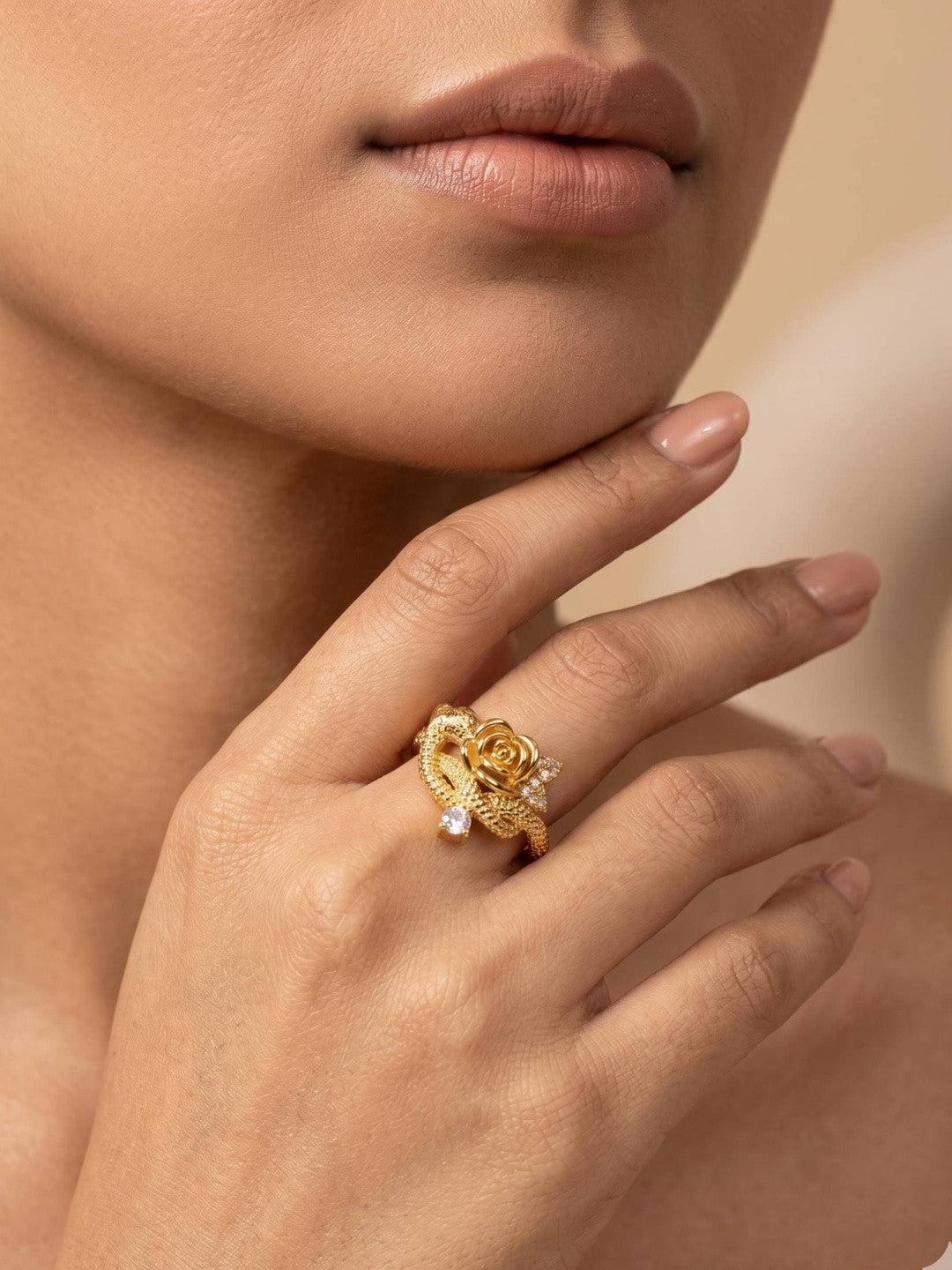 Sculptural Rose & Vine Stackable Diamond Ring For Women