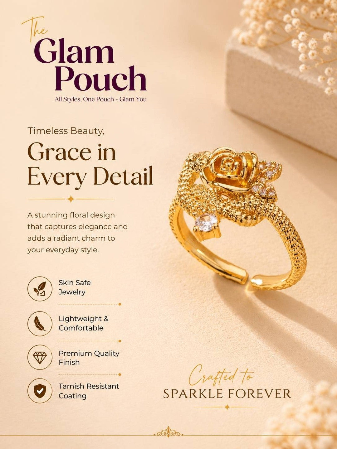 Sculptural Rose & Vine Stackable Diamond Ring For Women