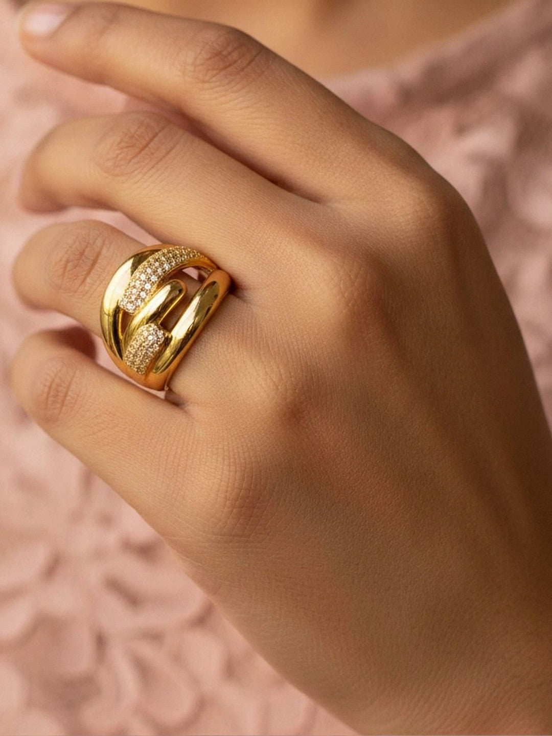 Sculptural Pave Crossover Link Statement Stackable Ring