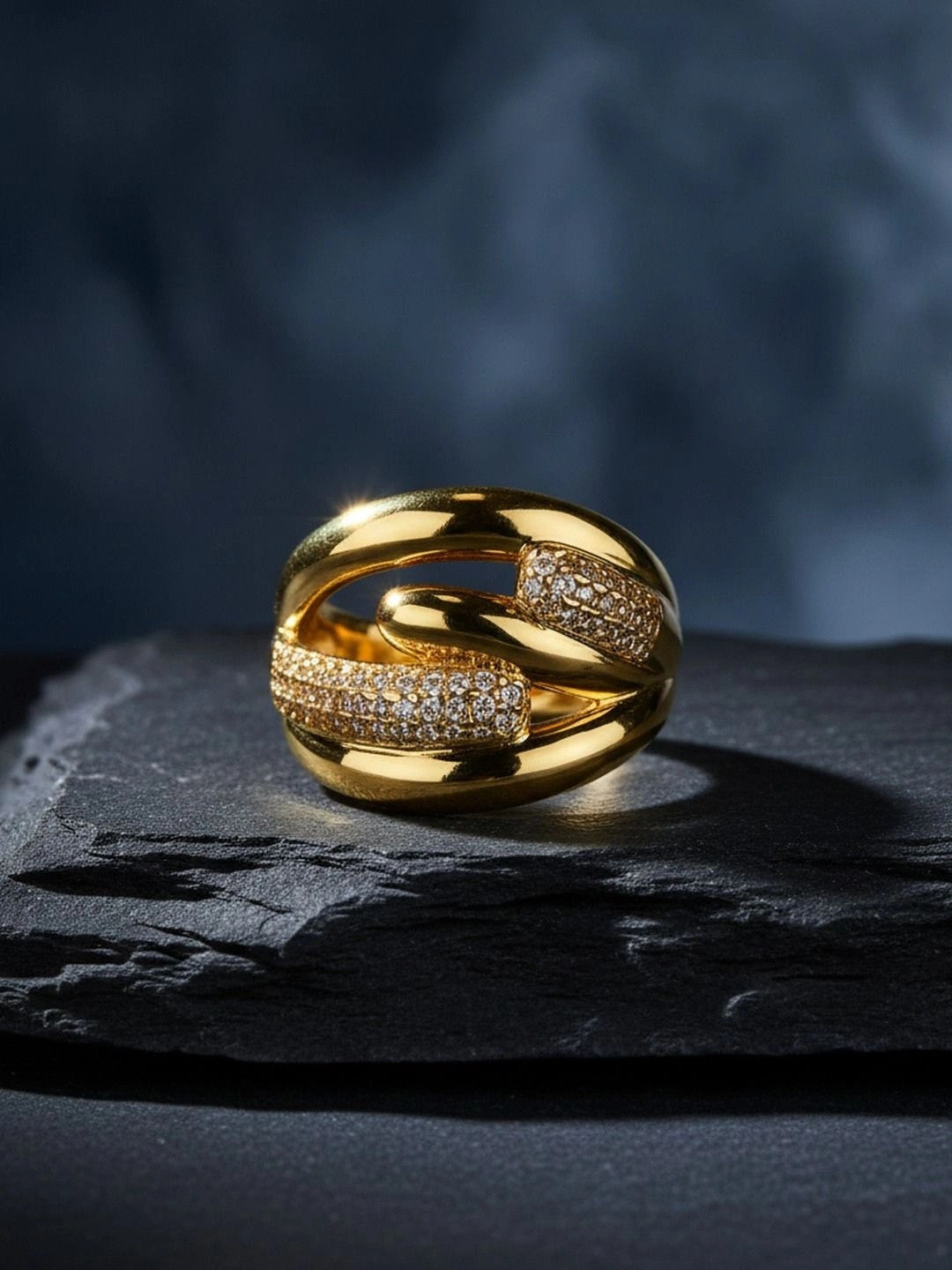 Sculptural Pave Crossover Link Statement Stackable Ring