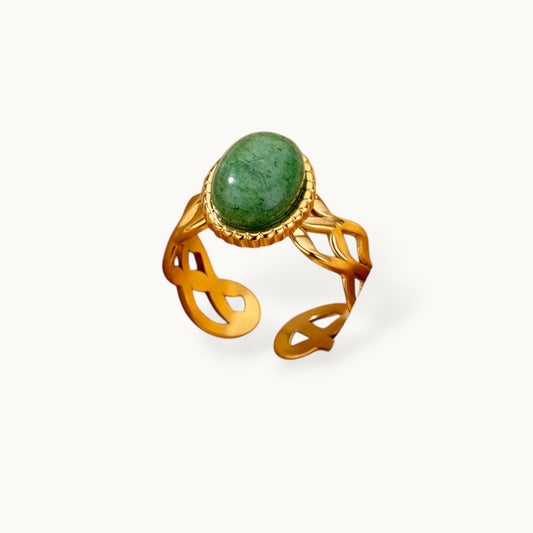 Aventurine Cabochon Cut-Out Scrollwork Statement Gold Band Ring