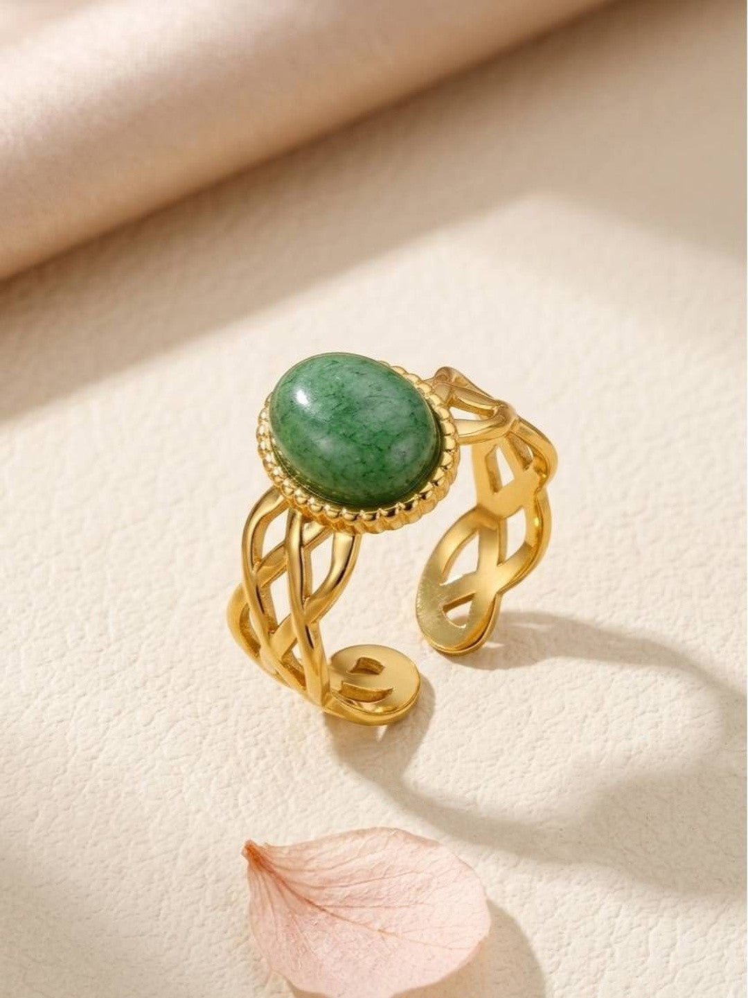 Aventurine Cabochon Cut-Out Scrollwork Statement Gold Band Ring