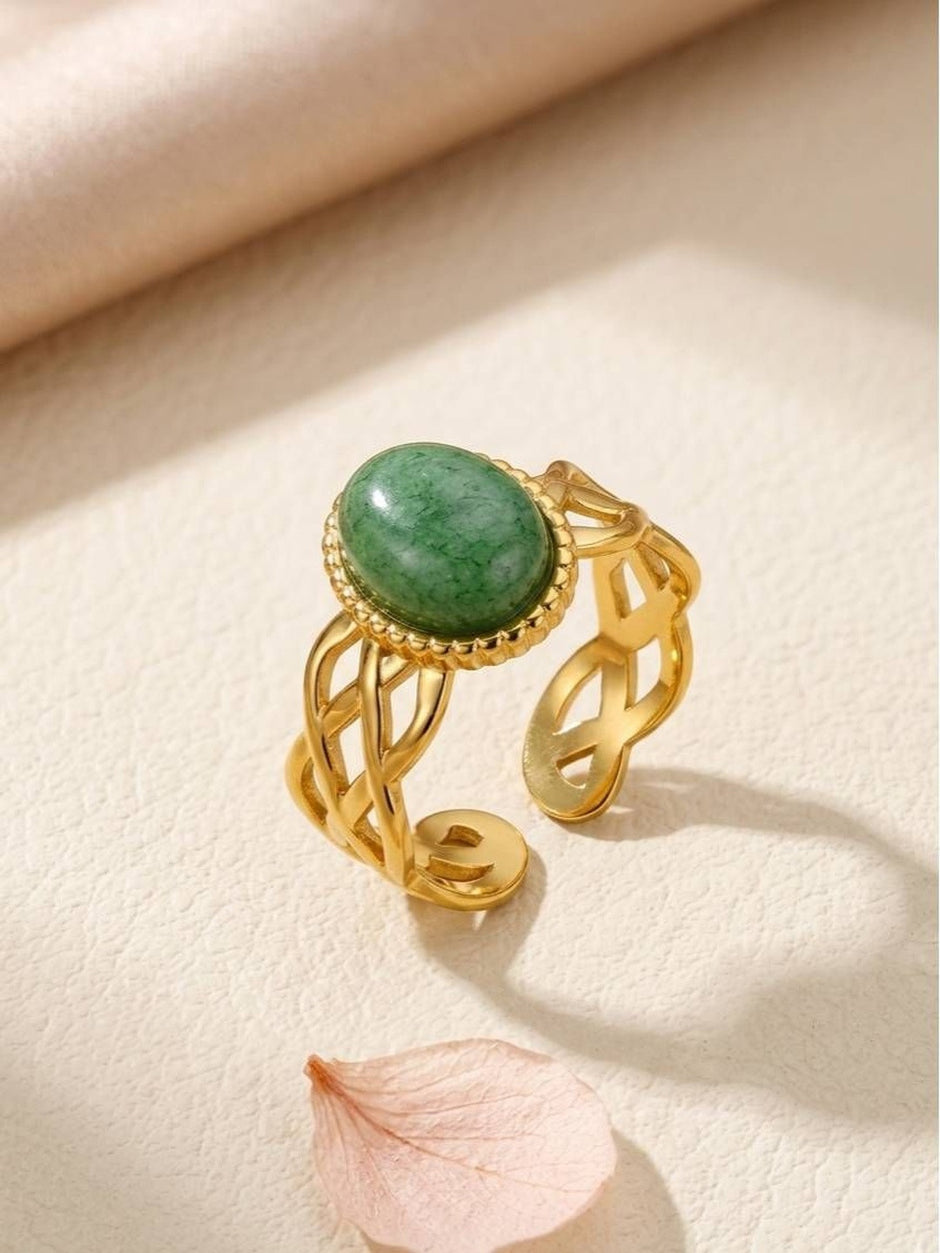 Aventurine Cabochon Cut-Out Scrollwork Statement Gold Band Ring