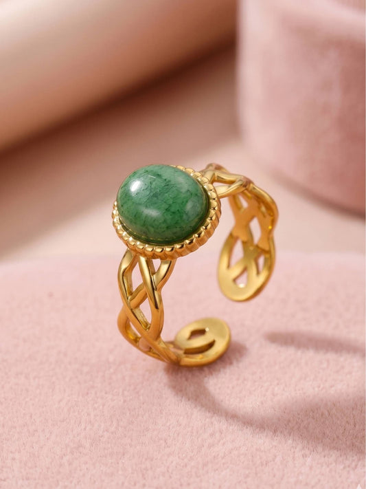 Aventurine Cabochon Cut-Out Scrollwork Statement Gold Band Ring