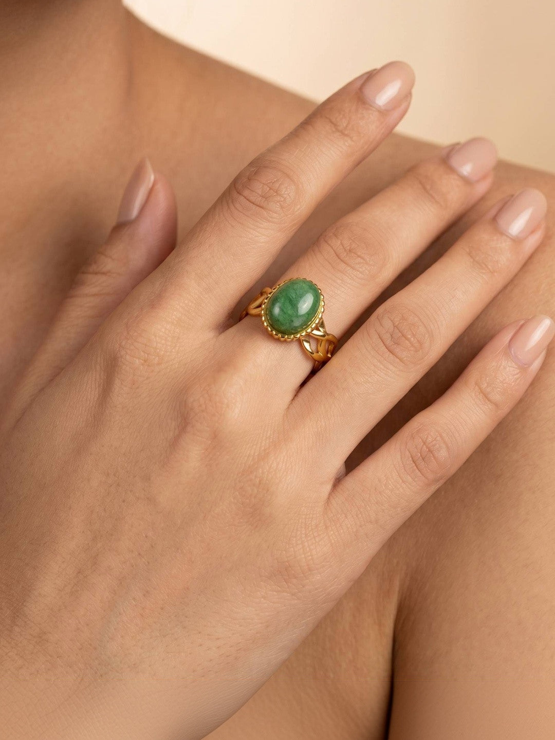Aventurine Cabochon Cut-Out Scrollwork Statement Gold Band Ring
