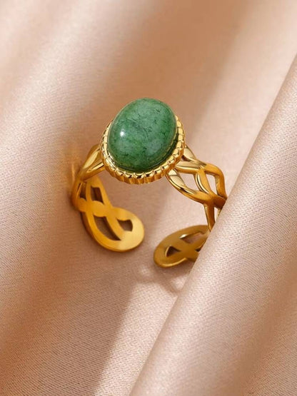 Aventurine Cabochon Cut-Out Scrollwork Statement Gold Band Ring