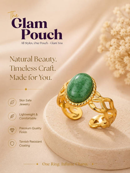 Aventurine Cabochon Cut-Out Scrollwork Statement Gold Band Ring