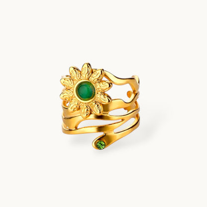 Boho Coil Sunflower Ring with Green Gem Accent