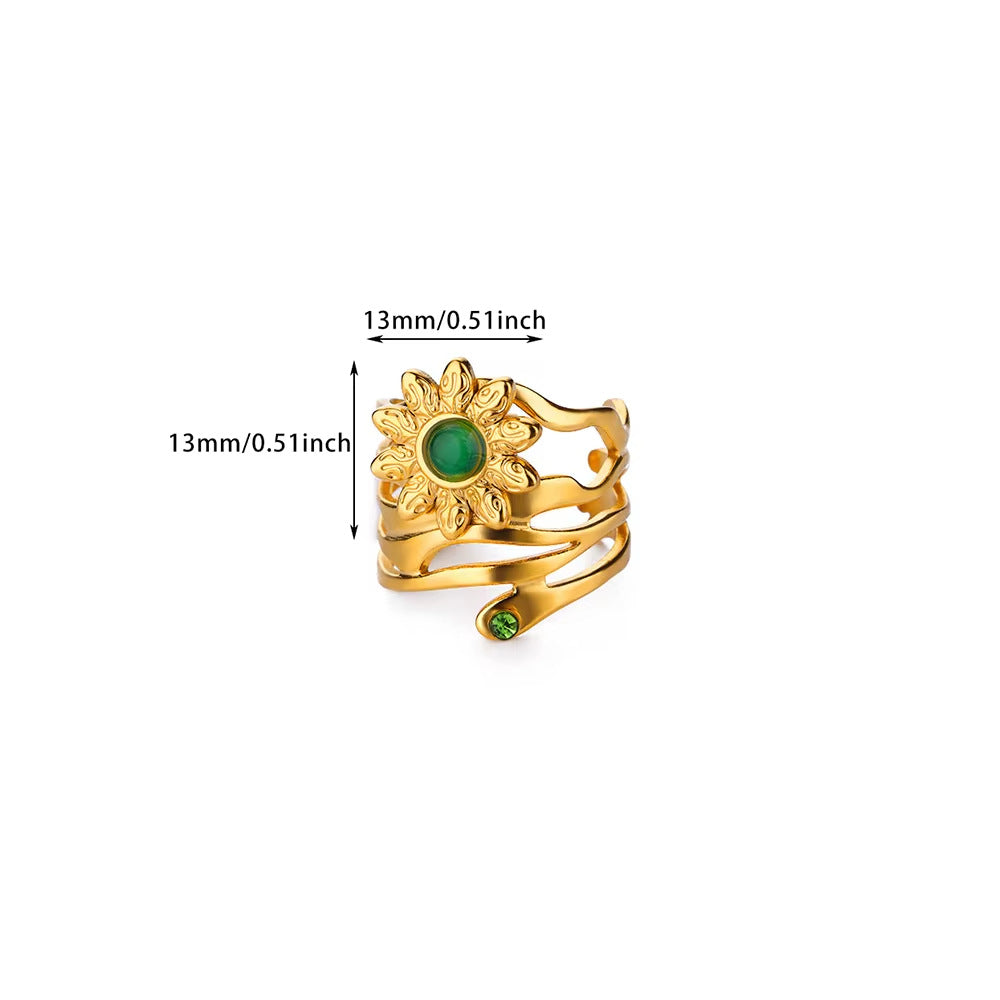 Boho Coil Sunflower Ring with Green Gem Accent