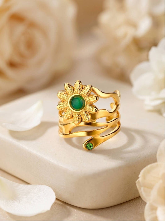 Boho Coil Sunflower Ring with Green Gem Accent