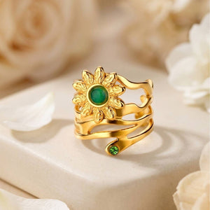 Boho Coil Sunflower Ring with Green Gem Accent
