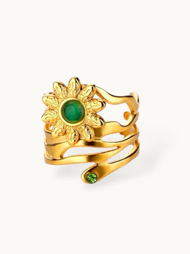 Boho Coil Sunflower Ring with Green Gem Accent