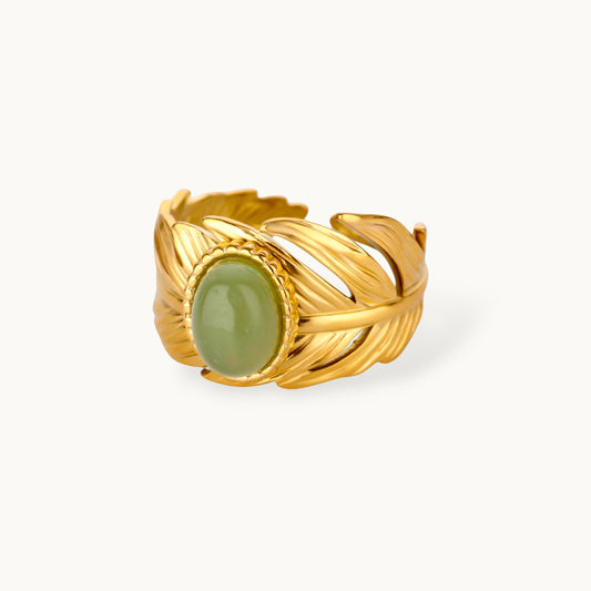 Artisan Golden Feather Ring with Jade Cabochon Accent