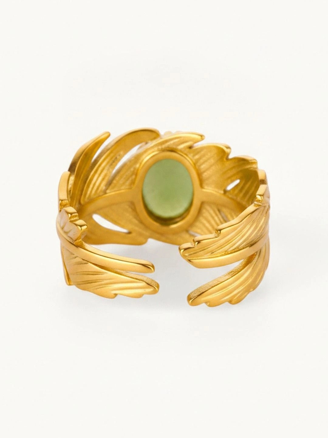 Artisan Golden Feather Ring with Jade Cabochon Accent