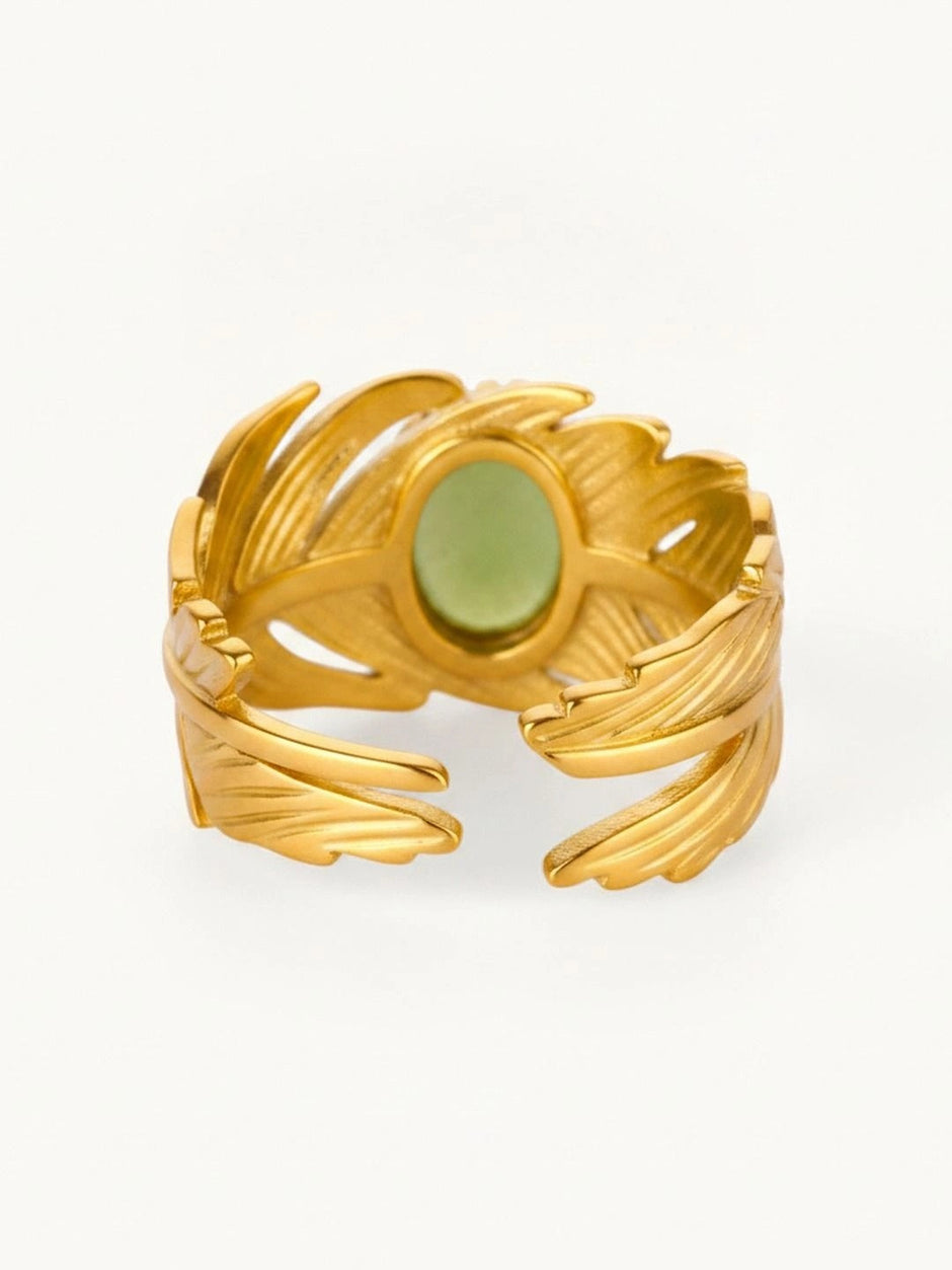 Artisan Golden Feather Ring with Jade Cabochon Accent