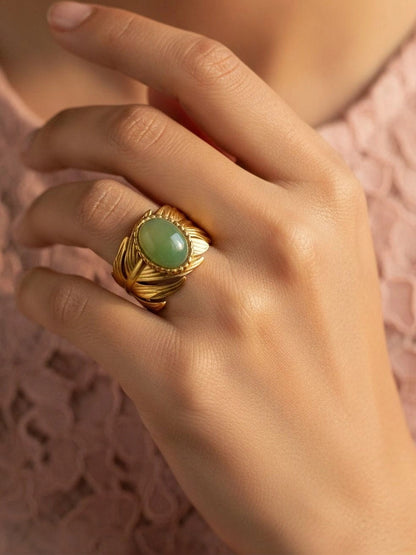 Artisan Golden Feather Ring with Jade Cabochon Accent