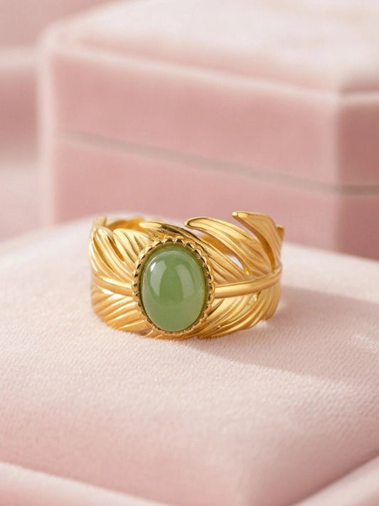 Artisan Golden Feather Ring with Jade Cabochon Accent