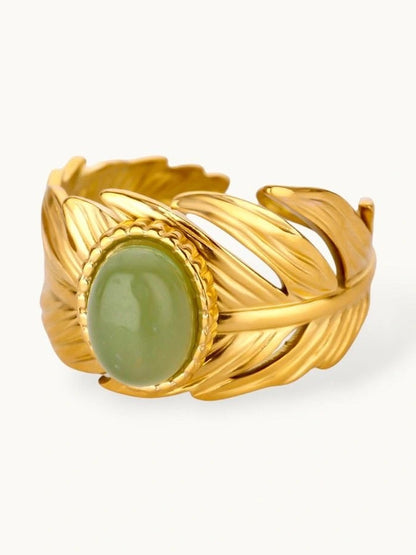 Artisan Golden Feather Ring with Jade Cabochon Accent