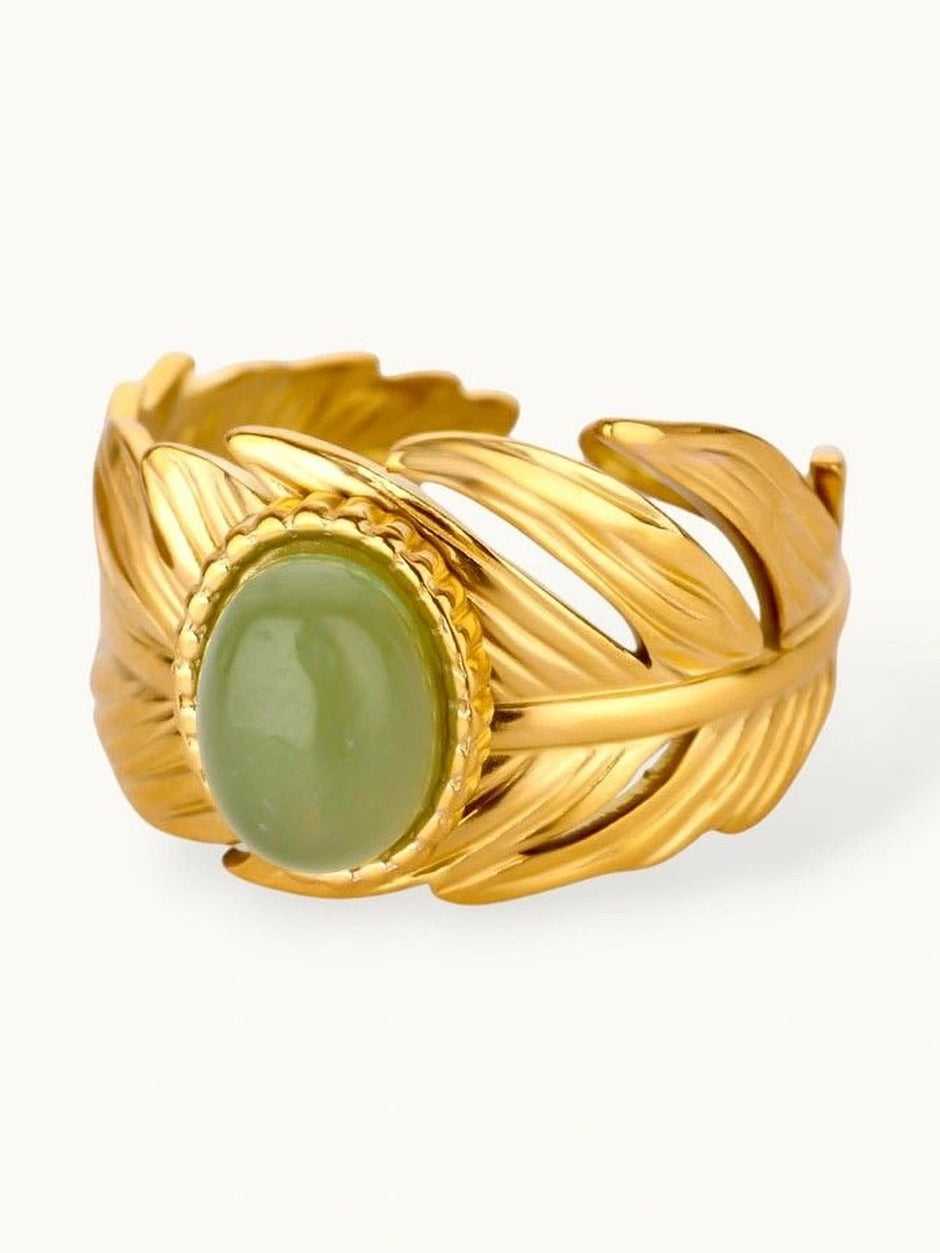 Artisan Golden Feather Ring with Jade Cabochon Accent