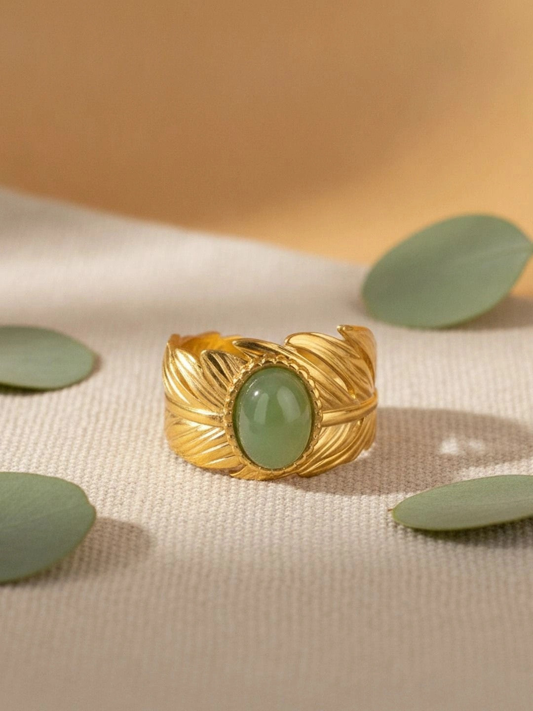 Artisan Golden Feather Ring with Jade Cabochon Accent