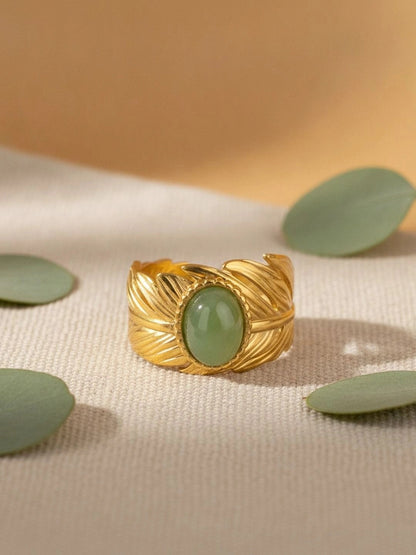 Artisan Golden Feather Ring with Jade Cabochon Accent