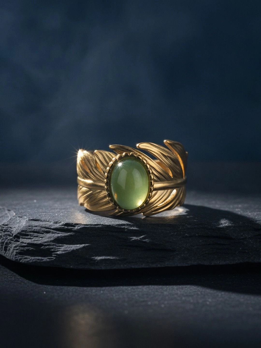 Artisan Golden Feather Ring with Jade Cabochon Accent