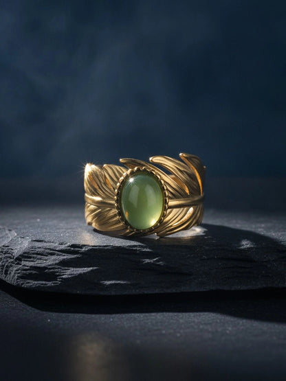Artisan Golden Feather Ring with Jade Cabochon Accent