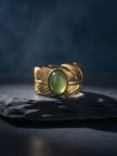 Artisan Golden Feather Ring with Jade Cabochon Accent