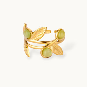 Nature-Inspired Leaf Vine Ring with Green Stone Trio