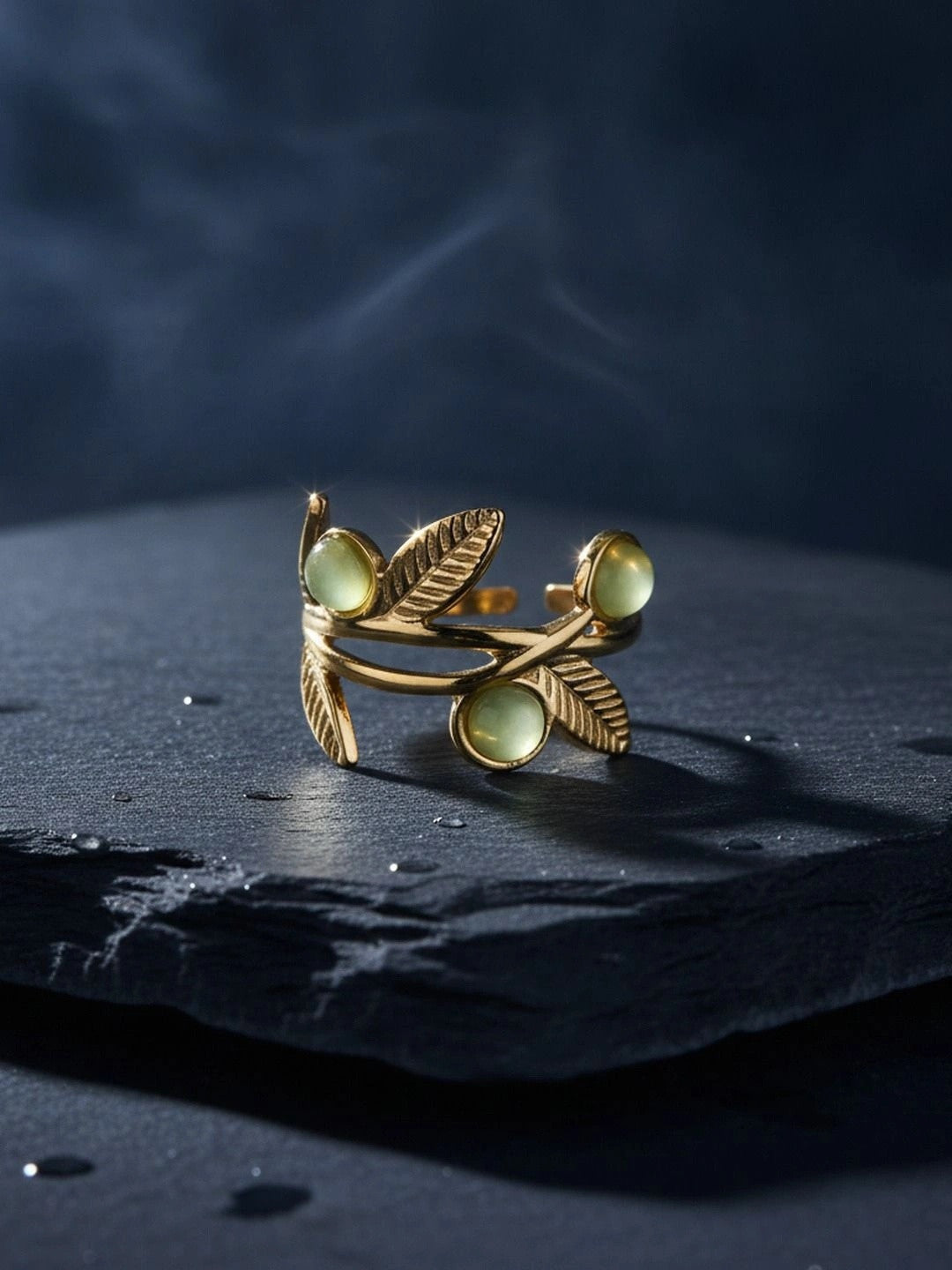Nature-Inspired Leaf Vine Ring with Green Stone Trio