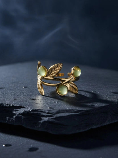 Nature-Inspired Leaf Vine Ring with Green Stone Trio