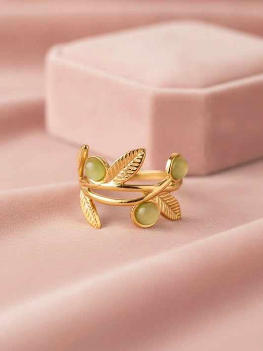 Nature-Inspired Leaf Vine Ring with Green Stone Trio