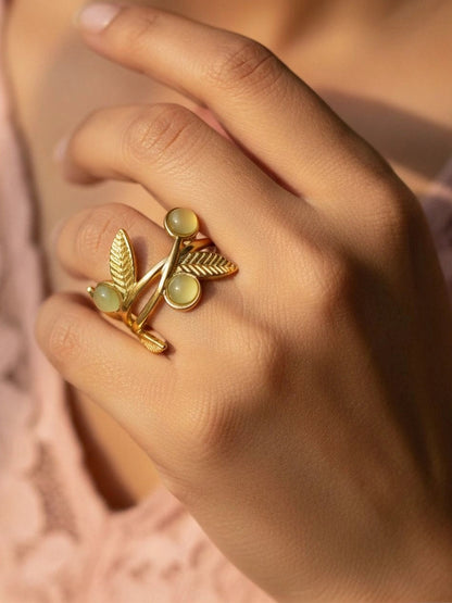 Nature-Inspired Leaf Vine Ring with Green Stone Trio