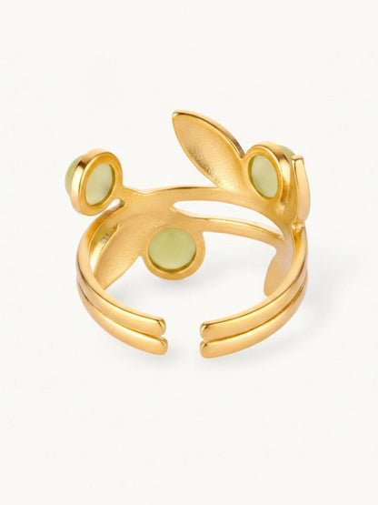 Nature-Inspired Leaf Vine Ring with Green Stone Trio